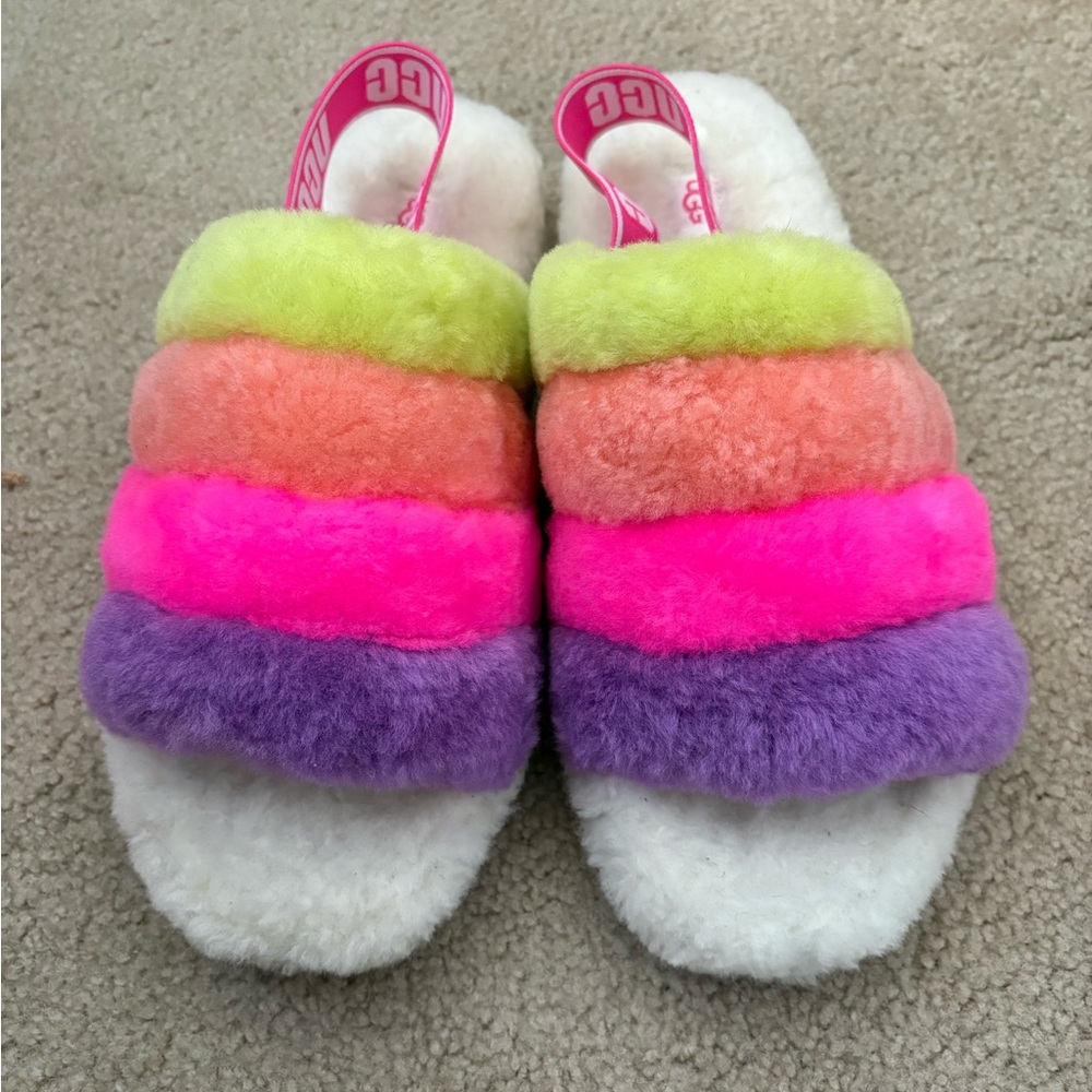 UGG Fluff Yeah faux fur slingback Slide - pink yellow purple white size 11